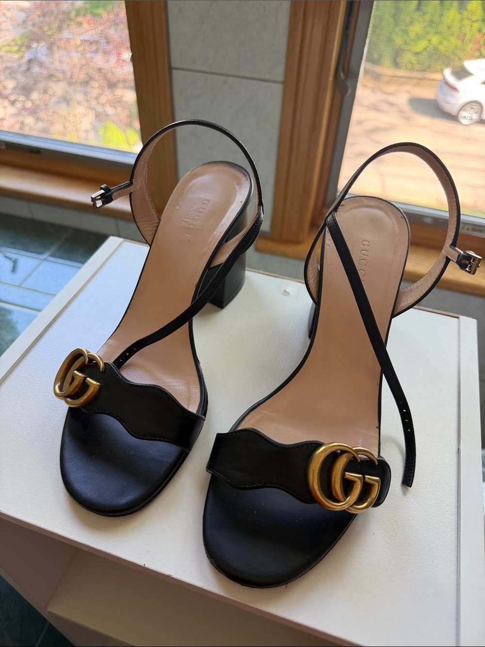 Gucci Black Leather Mid Heel Sandals with Gold GG